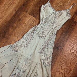 Vintage Green 100% Silk Beaded Dress Vintage Silk Dress Fairy Sue Wong Prom